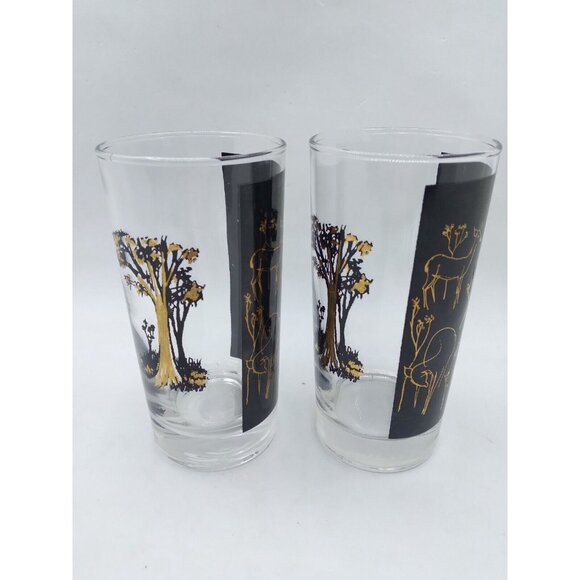 Vtg. Unique set of 2 MCM Deer Trees gold on black Clear high ball / tumblers - Picture 3 of 15